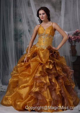Brown Ball Gown Straps Floor-length Organza Beading Quinceanera Dress